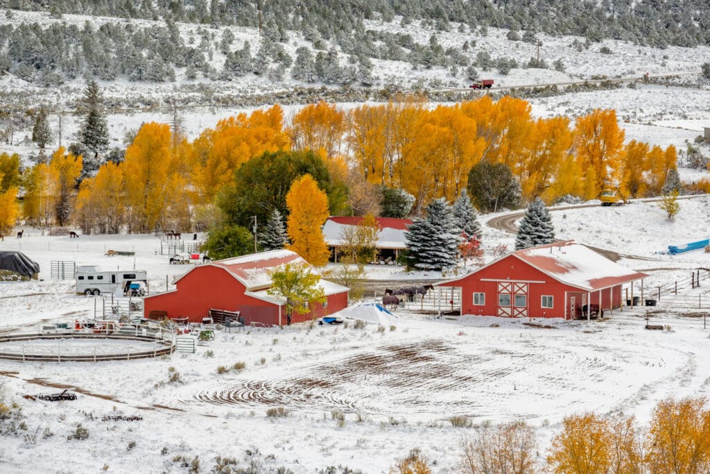 Snow on a farm scene in the winter to help illustrate Metal Roof vs. Shingles In Cold Climates