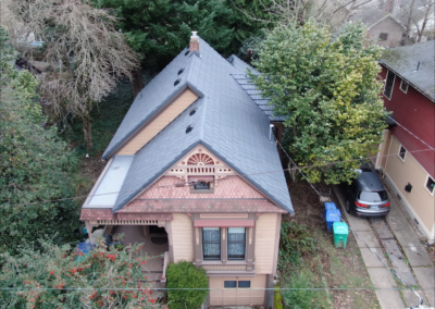 Aerial view of a gray metal roof