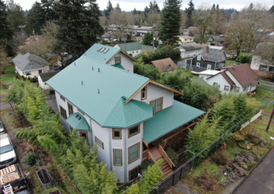 Aerial view of a classic green slate metal roof in Vancouver, WA