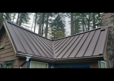 Close up view of a brown standing seam metal roof in a forested neighborhood